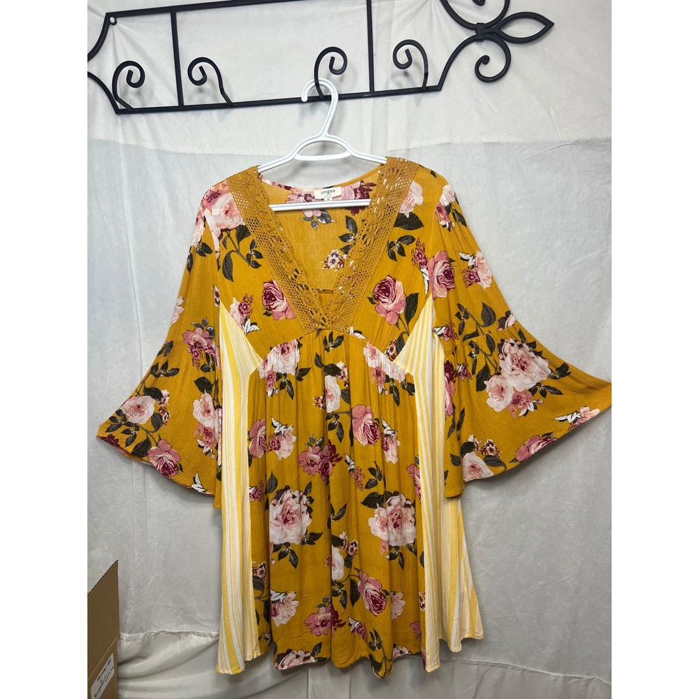 Umgee Mustard Yellow Floral Crochet Lace V-Neck Bell Sleeve Tunic Dress M A4624